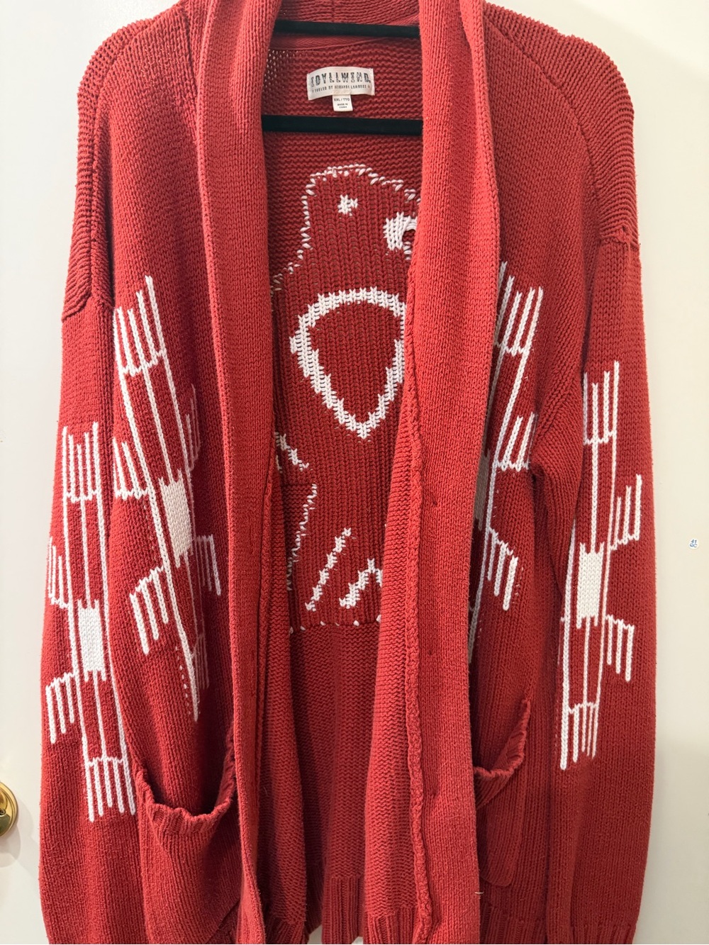 Idyllwind Red Shawl Collar Button-Front Cardigan with White Geometric Pattern - Picture 2 of 4